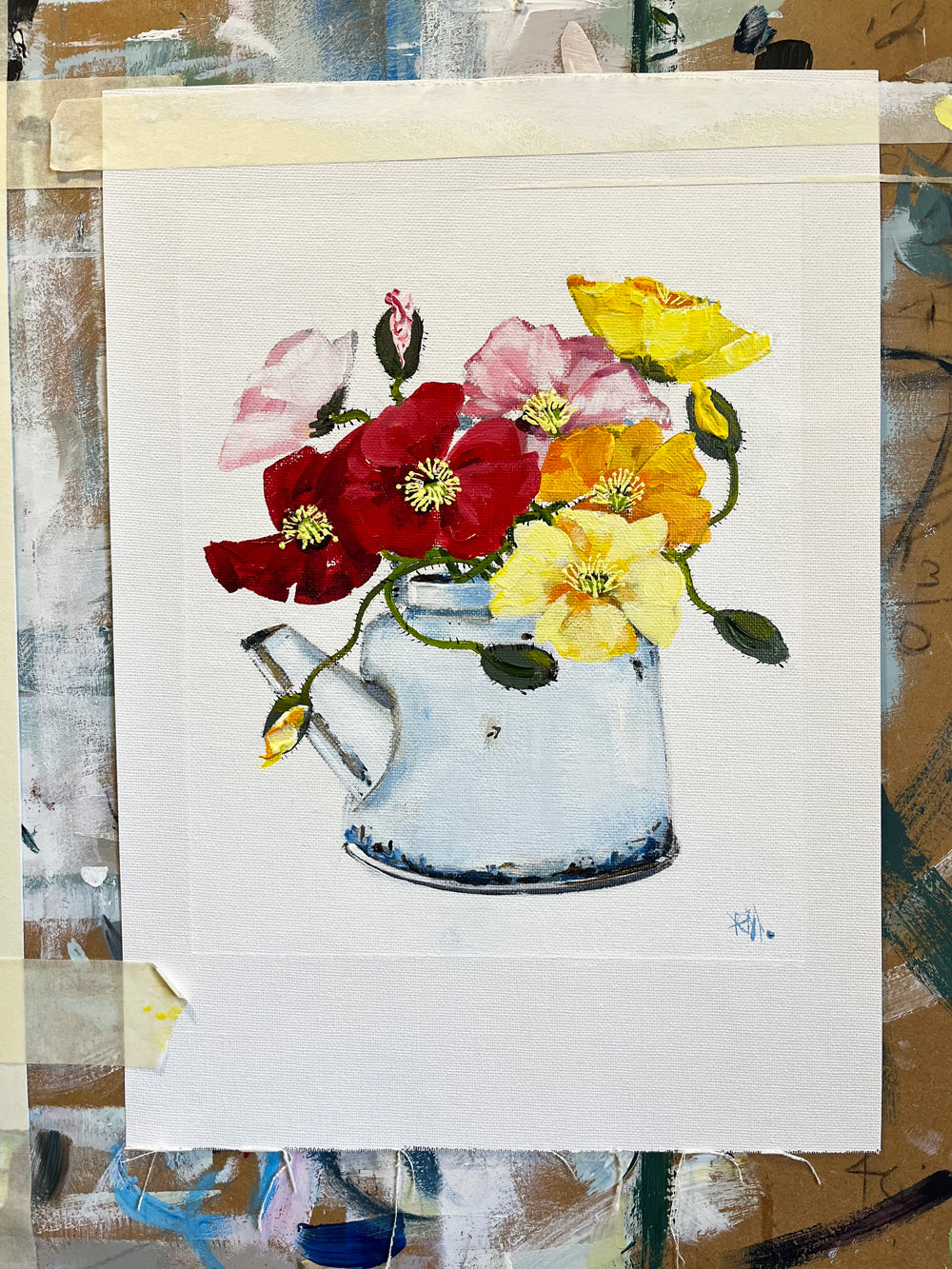 Poppies in Tea Painted in Acrylic on Cotton Canvas on Easel roslynmary art.