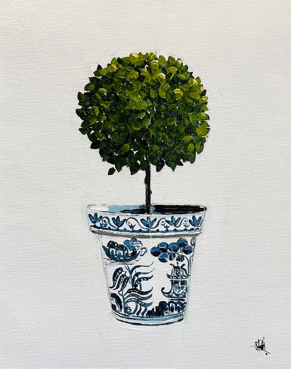Standard English Box Topiary in China Pot Painted in Acrylic on Cotton Canvas roslynmary art.