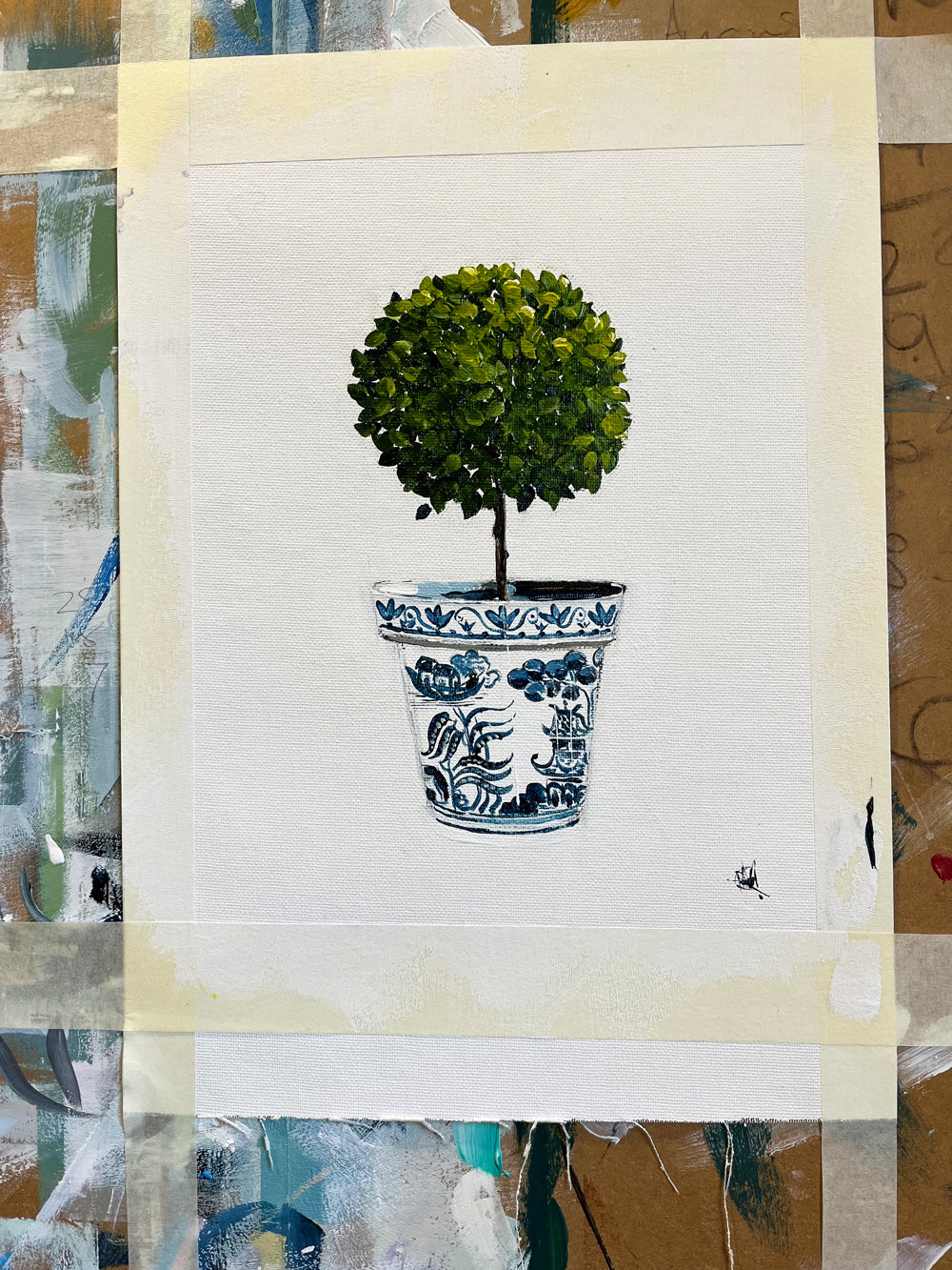 Standard English Box Topiary in China Pot Painted in Acrylic on Cotton Canvas on Easel roslynmary art.