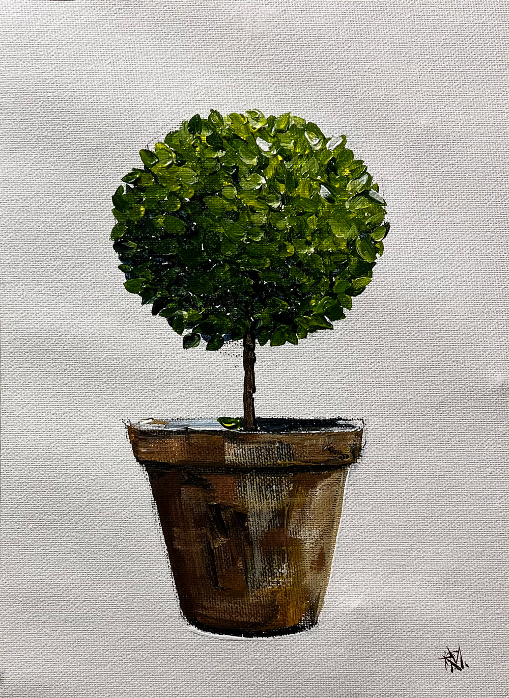 Standard English Box Topiary in Terracotta Pot Painted in Acrylic on Cotton Canvas roslynmary art.