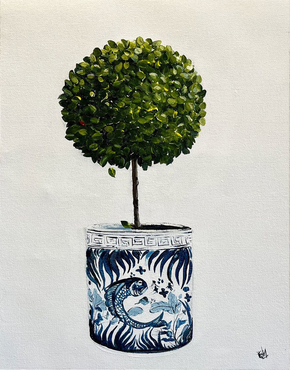 Standard English Box Topiary in China Pot Painted in Acrylic on Cotton Canvas roslynmary art.