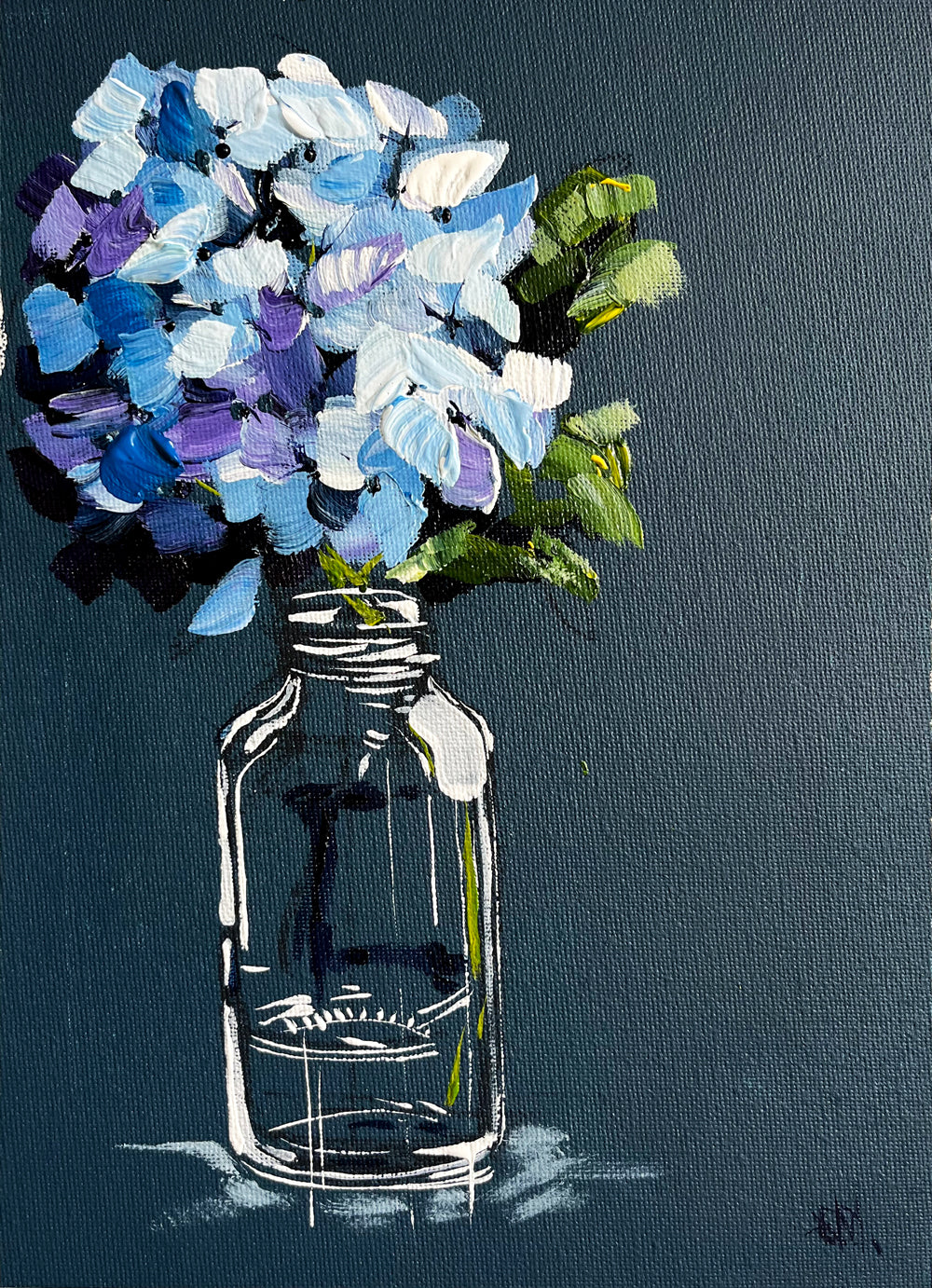 Painting of Hydrangea in Glass Bottle Painted in Acrylic on Cotton Canvas roslynmary art.
