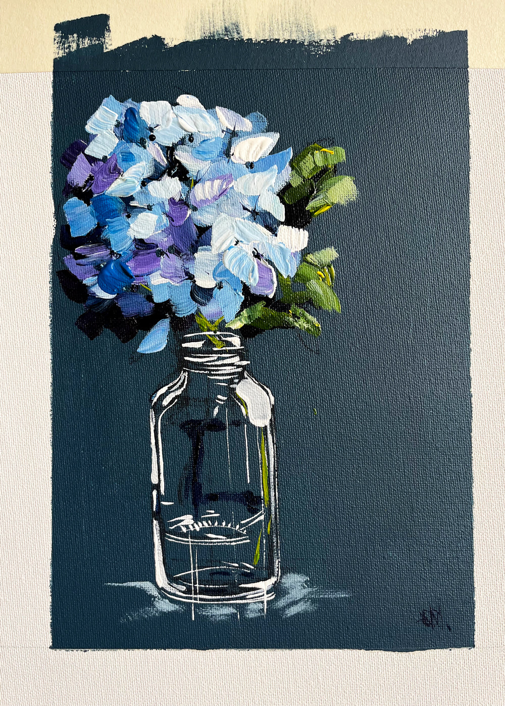 Painting of Hydrangea in Glass Bottle Painted in Acrylic on Cotton Canvas with Border roslynmary art.