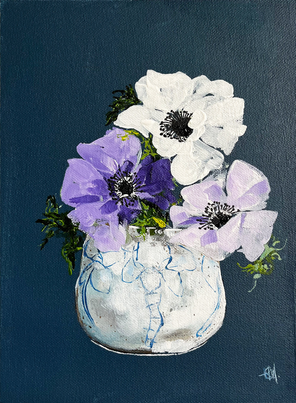 Painting of Violets in Ceramic Painted in Acrylic on Cotton Canvas roslynmary art.