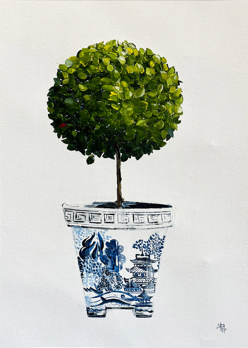Standard English Box Topiary in China Pot Painted in Acrylic on Cotton Canvas roslynmary art.