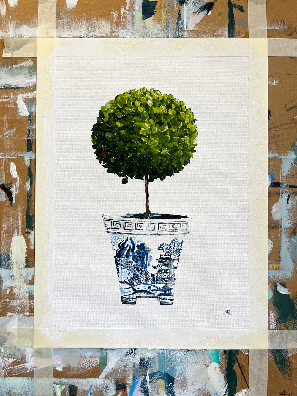 Standard English Box Topiary in China Pot Painted in Acrylic on Cotton Canvas on Easel roslynmary art.