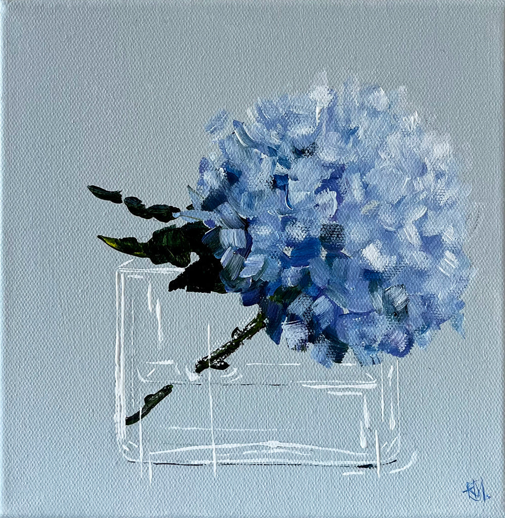 Painting of Blue Hydrangea in Glass Vase Painted in Acrylic on Stretched Canvas roslynmary art.