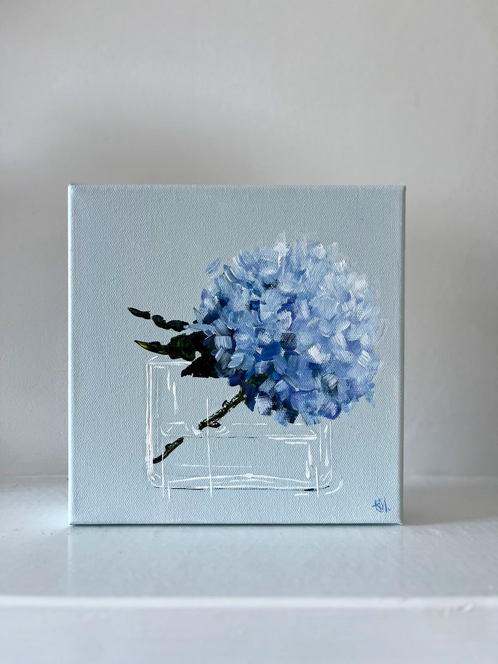 Painting of Blue Hydrangea in Glass Vase Painted in Acrylic on Stretched Canvas on Mantle roslynmary art.