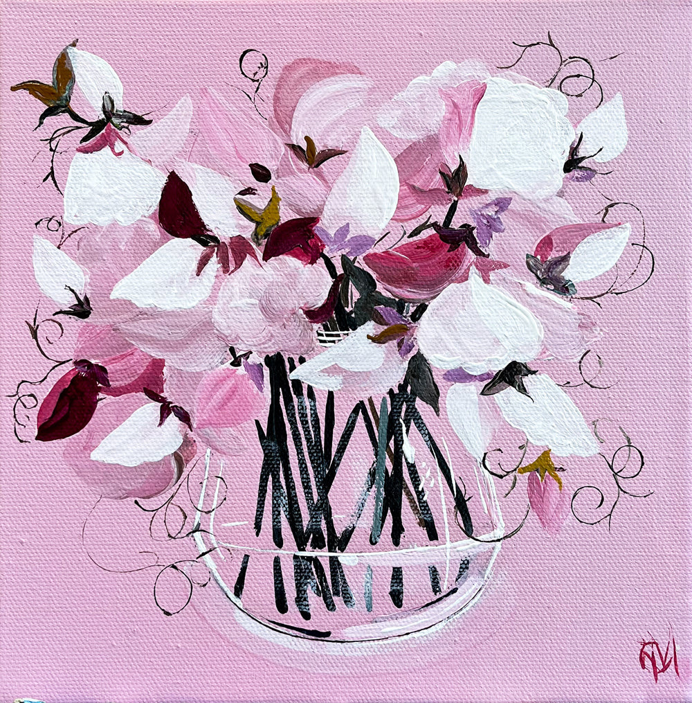 Painting of Sweet Peas in Glass Vase Painted in Acrylic on Stretched Canvas roslynmary art.