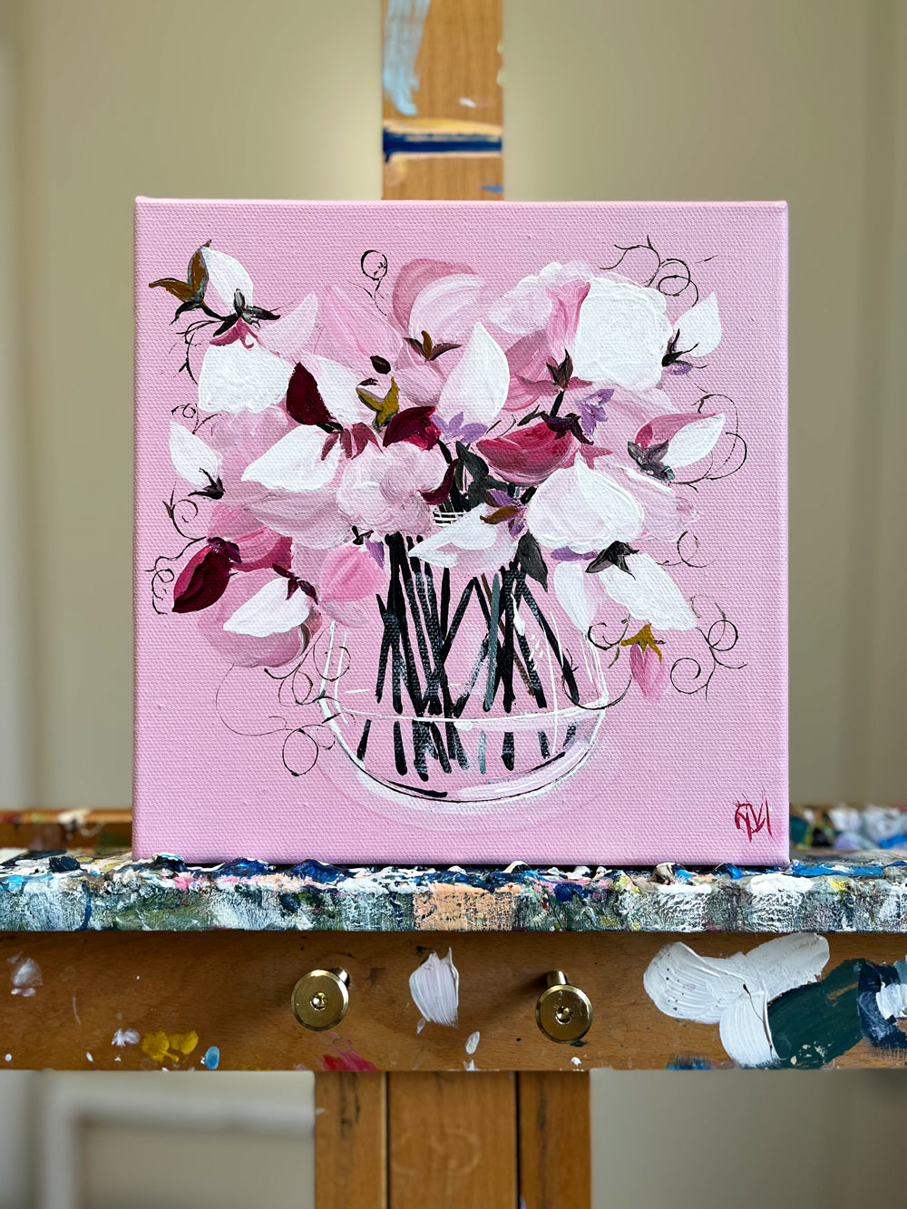 Painting of Sweet Peas in Glass Vase Painted in Acrylic on Stretched Canvas on Easel roslynmary art.