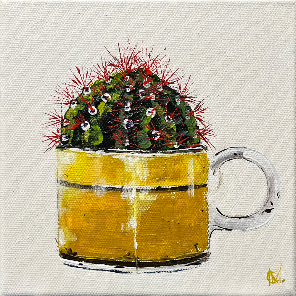 Painting of Cactus in Yellow Ceramic Cup Painted in Acrylic on Stretched Canvas roslynmary art.
