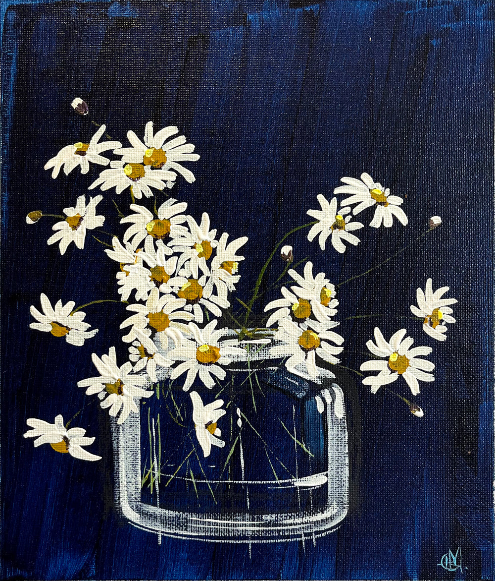 Painting of Daisies in Glass Jar Painted in Acrylic on Cotton Canvas roslynmary art.