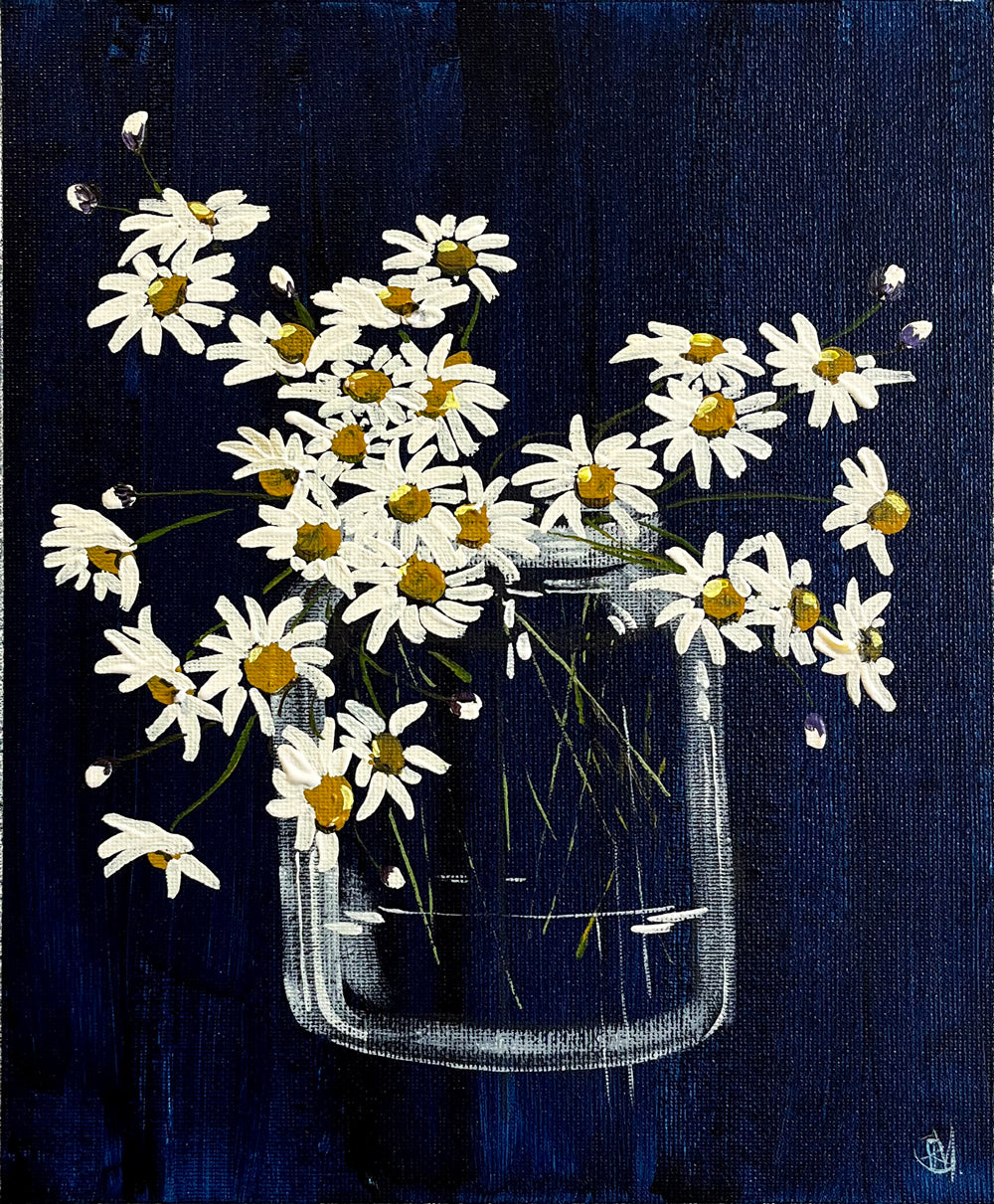 Painting of Daisies in Glass Jar Painted in Acrylic on Cotton Canvas roslynmary art.