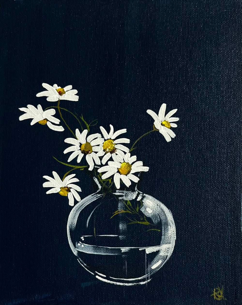 Painting of Daisies in Glass Vase Painted in Acrylic on Cotton Canvas roslynmary art.