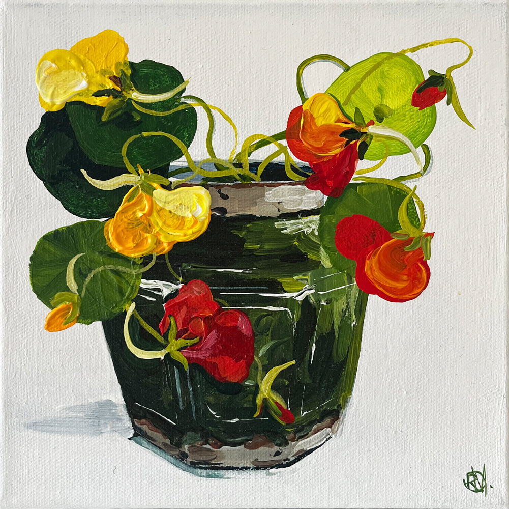 Painting of Nasturtiums in Chinese Ginger Jar Painted in Acrylic on Cotton Canvas roslynmary art.
