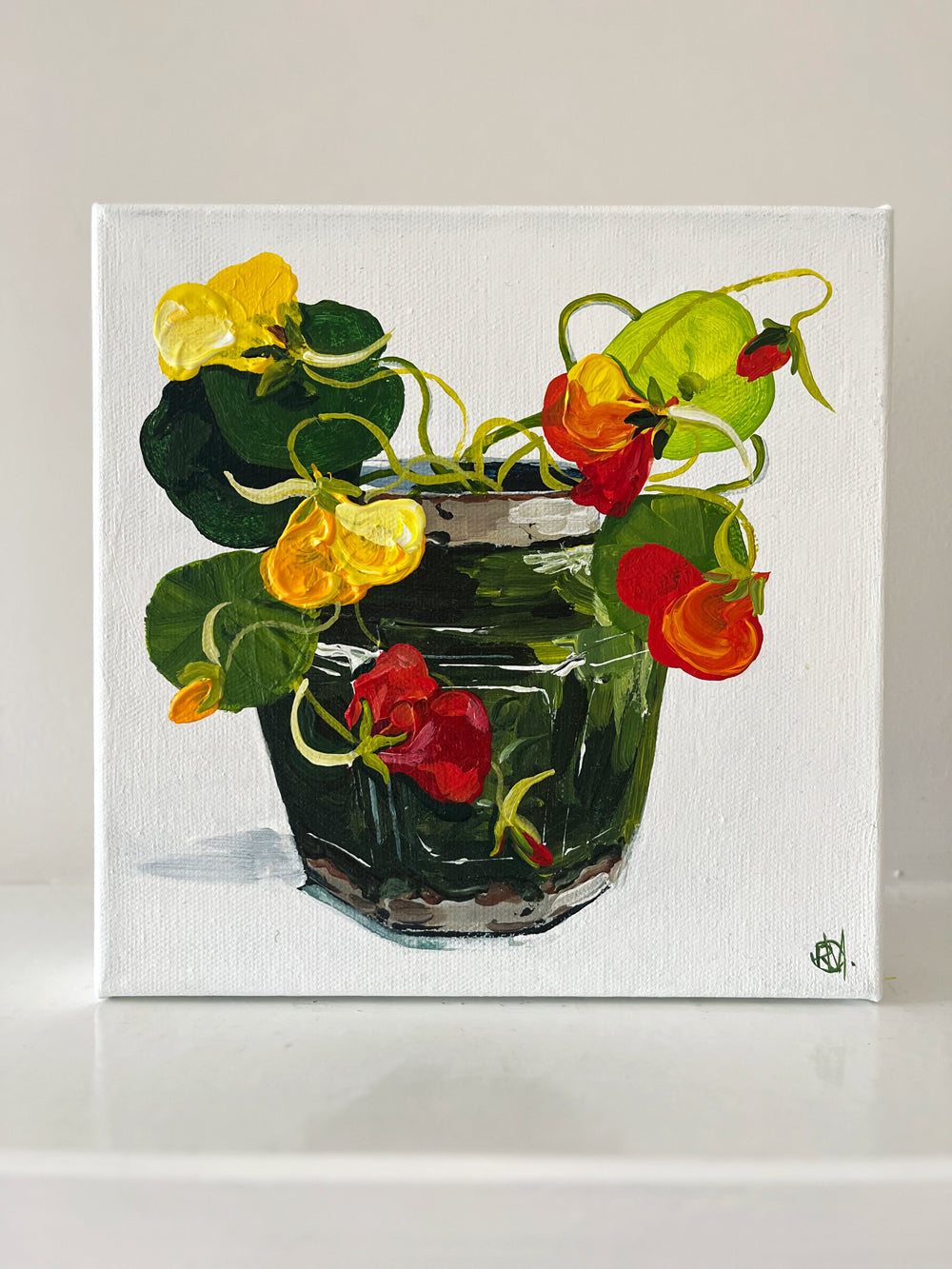 Painting of Nasturtiums in Chinese Ginger Jar Painted in Acrylic on Cotton Canvas on Mantle roslynmary art.
