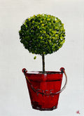 Standard English Box Topiary in Red Fire Bucket Painted in Acrylic on Cotton Canvas roslynmary art.