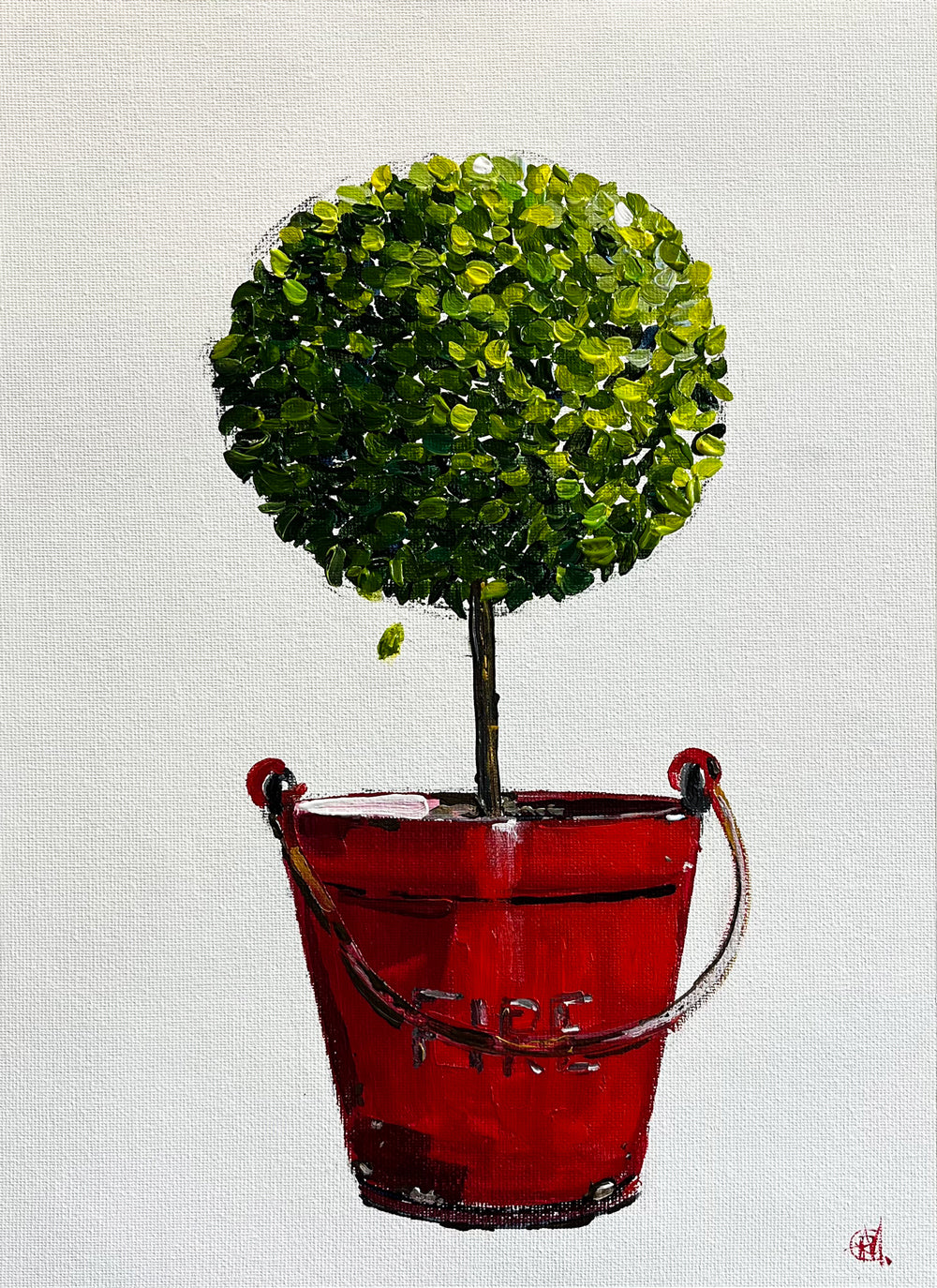 Standard English Box Topiary in Red Fire Bucket Painted in Acrylic on Cotton Canvas roslynmary art.