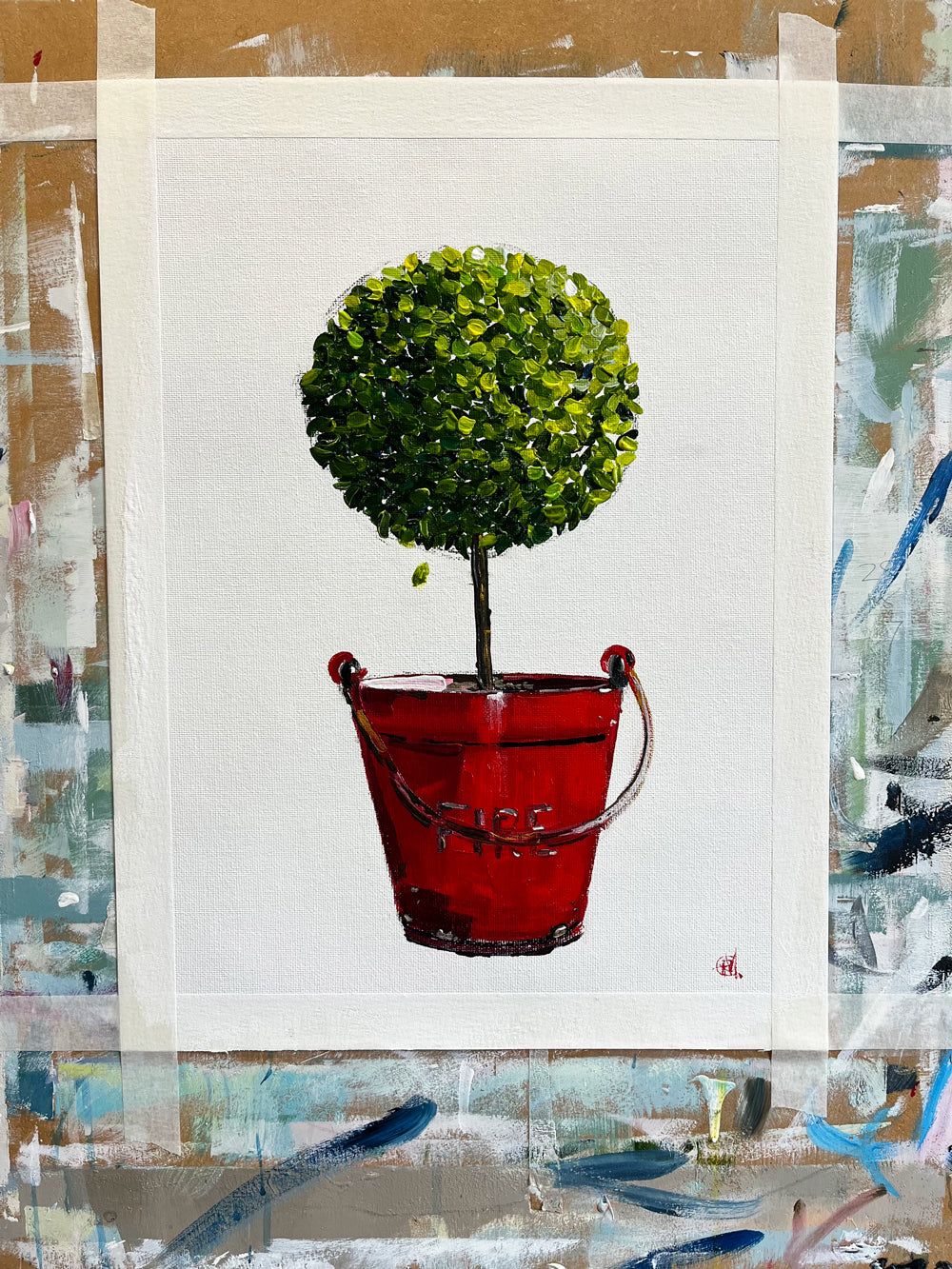 Standard English Box Topiary in Red Fire Bucket Painted in Acrylic on Cotton Canvas on Easel roslynmary art.