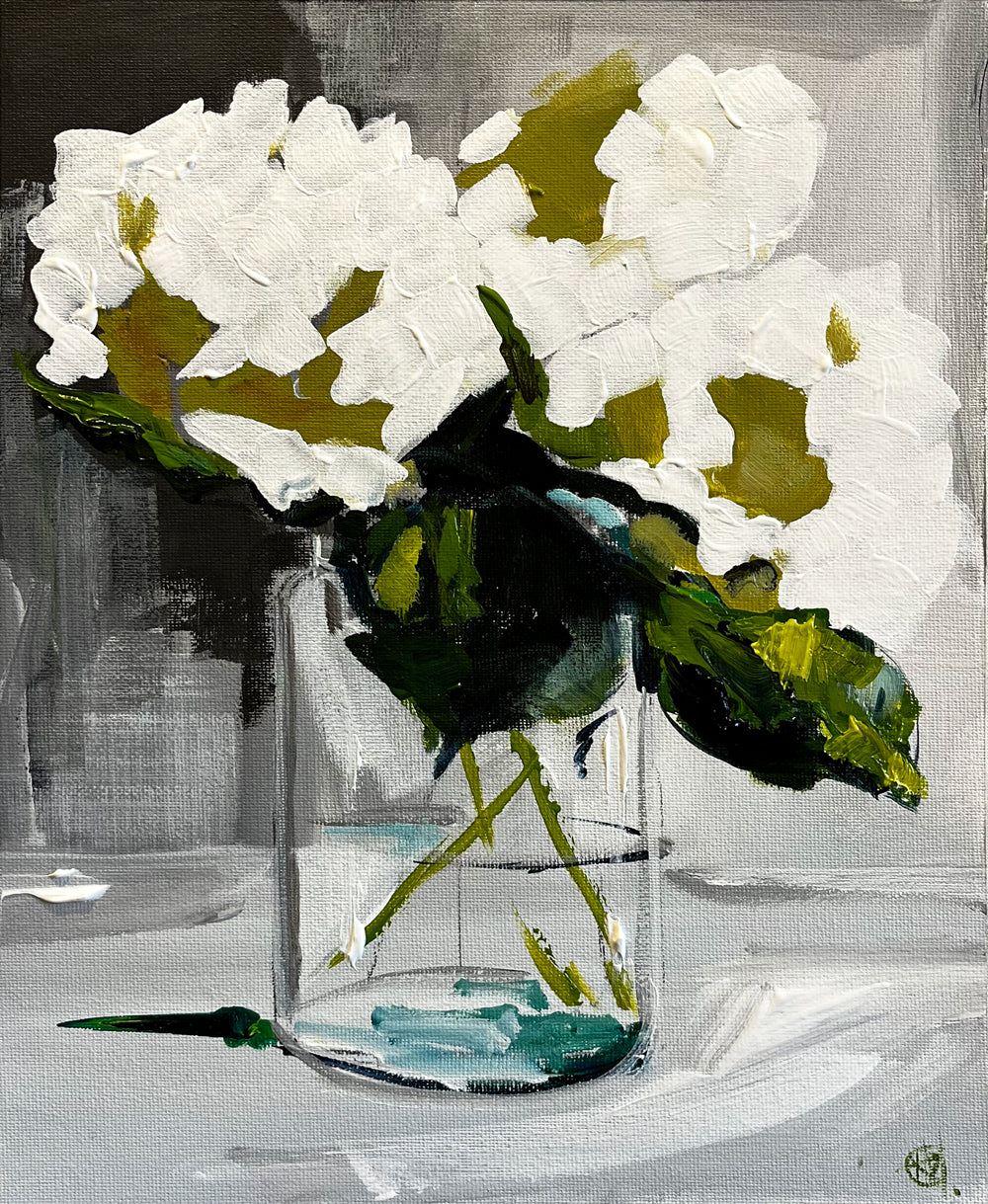 White Hydrangeas in Glass Vase Painted in Acrylic on Cotton Canvas roslynmary art.
