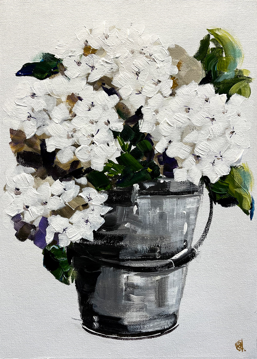 White Hydrangeas in Grey Metal Bucket Painted in Acrylic on Cotton Canvas roslynmary art.