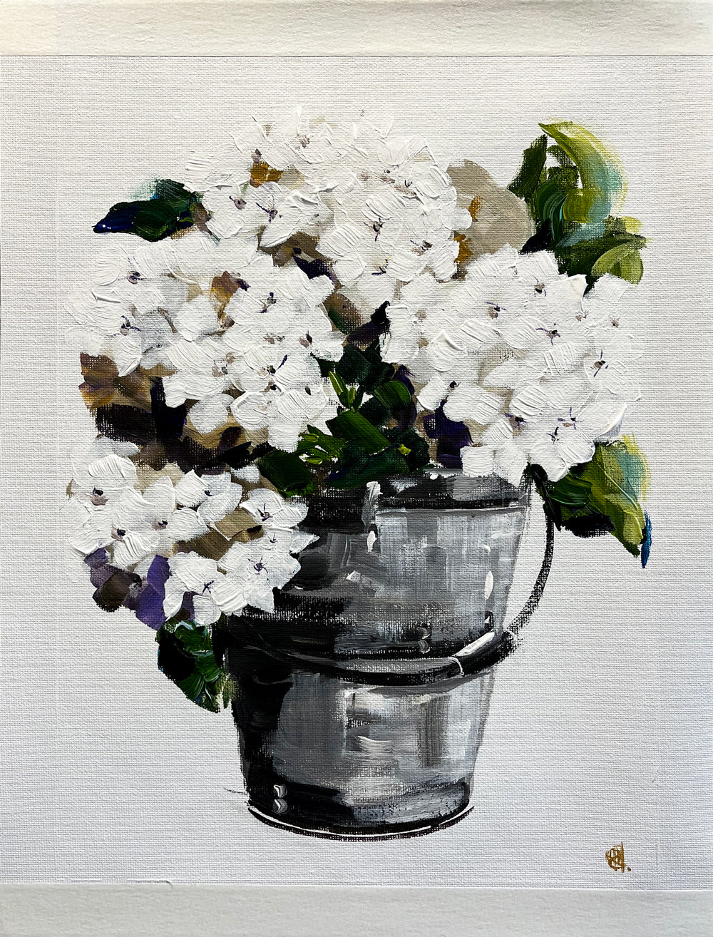 White Hydrangeas in Grey Metal Bucket Painted in Acrylic on Cotton Canvas with Border roslynmary art.