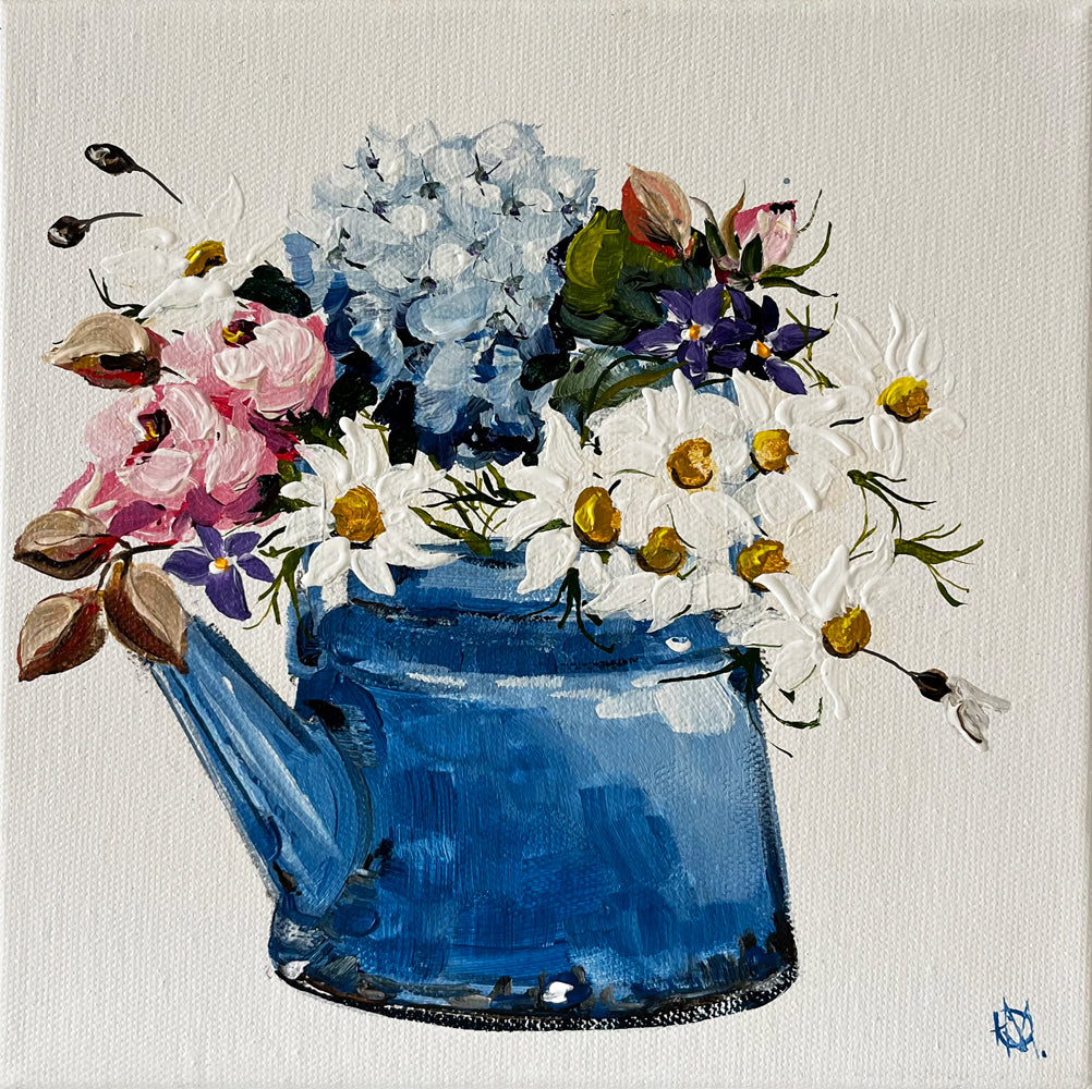 Painting of Mixed Flowers in Blue Tea Pot Painted in Acrylic on Stretched Canvas roslynmary art.