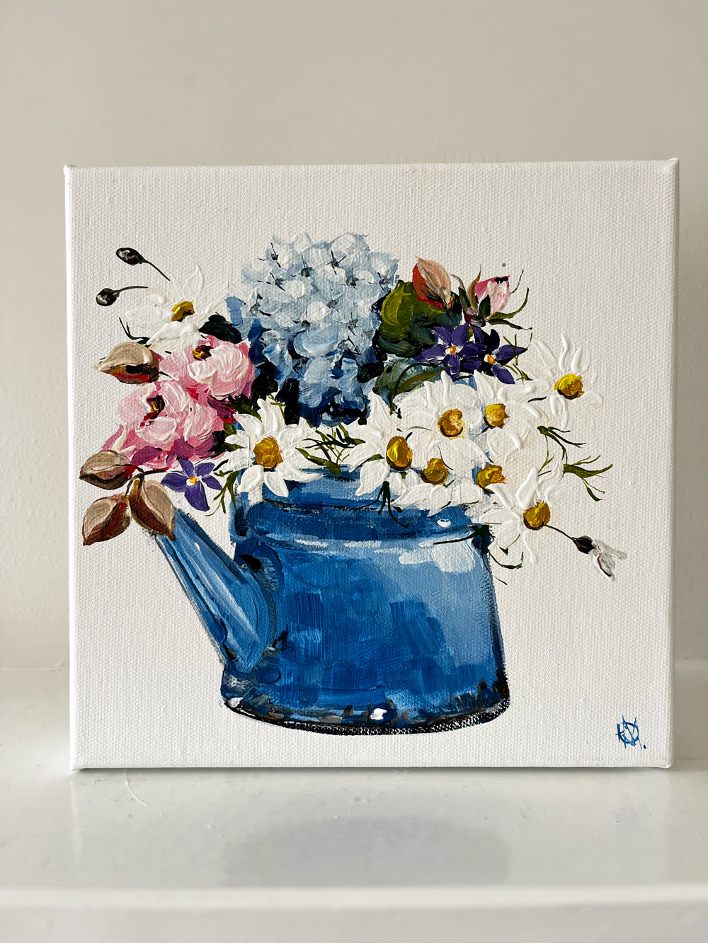 Painting of Mixed Flowers in Blue Tea Pot Painted in Acrylic on Stretched Canvas on Mantle roslynmary art.