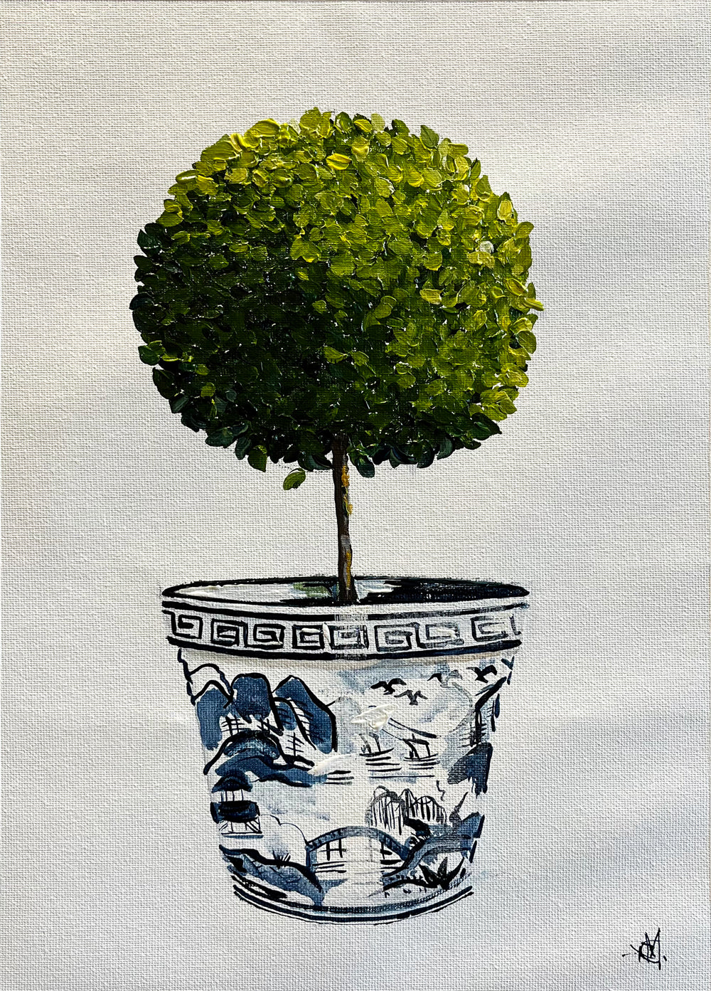Standard English Box Topiary in China Pot Painted in Acrylic on Cotton Canvas roslynmary art.