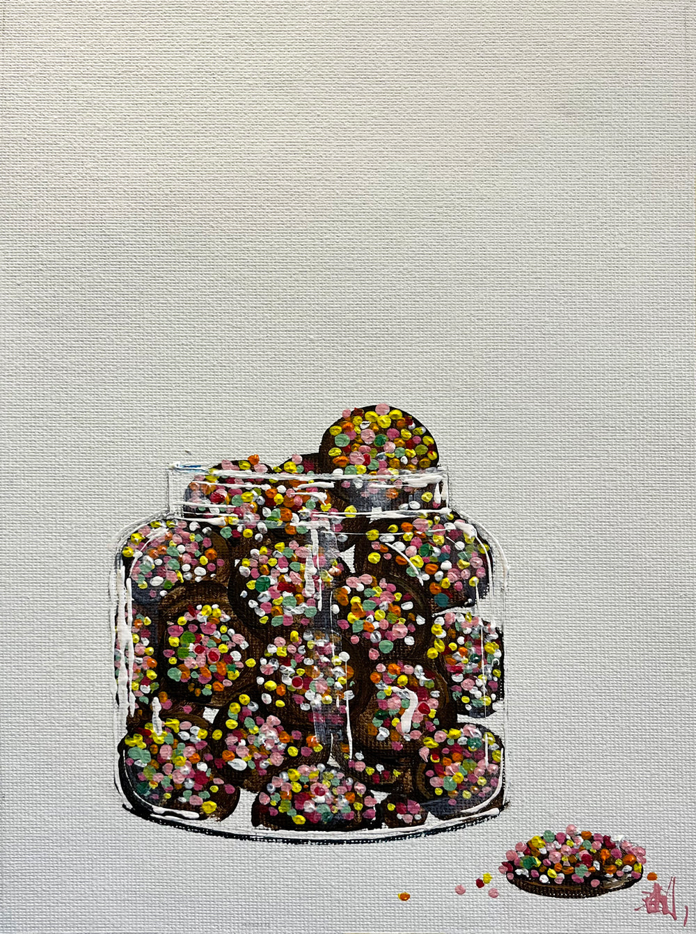 Chocolate Freckles in Glass Jar Painted in Acrylic on Cotton Canvas