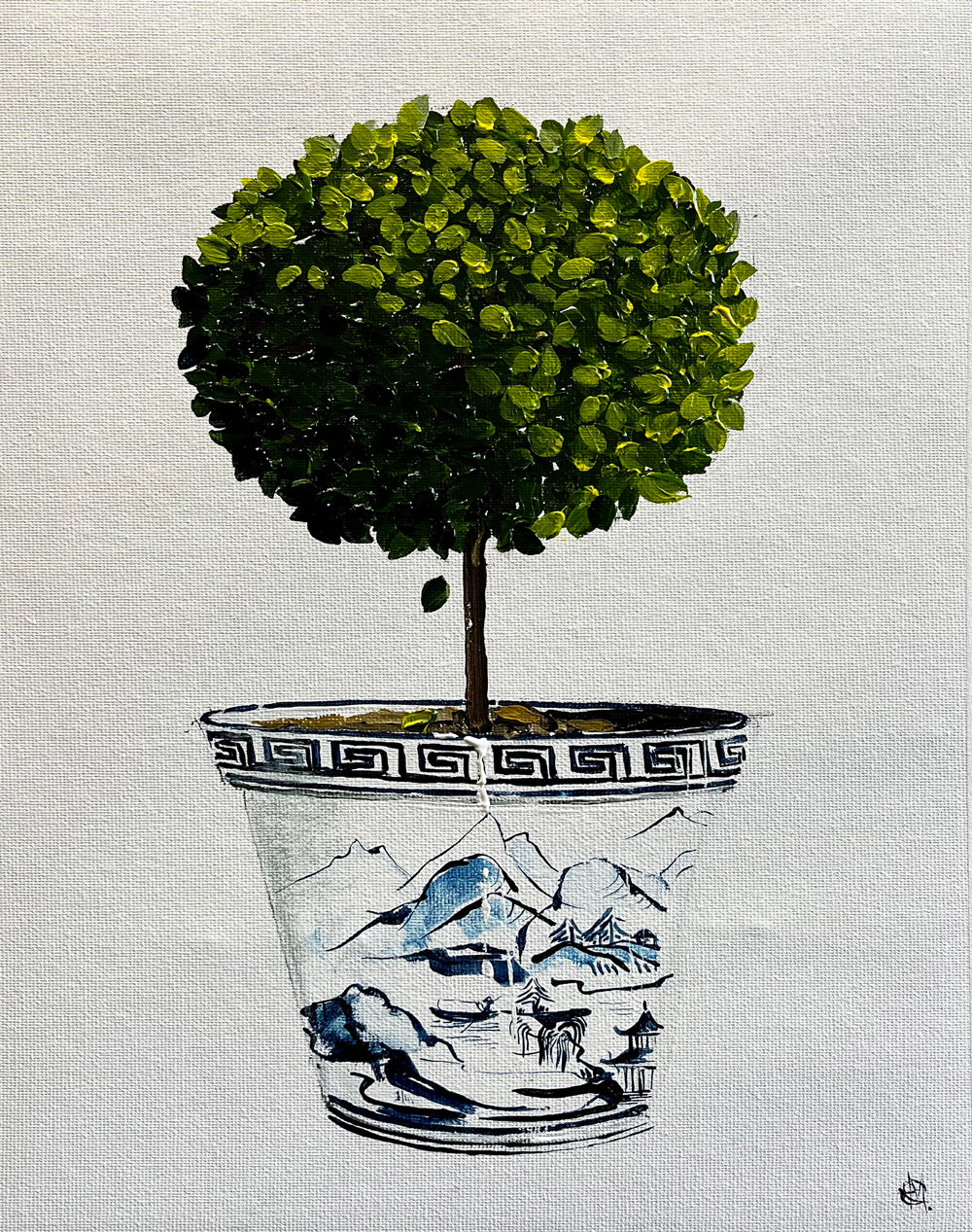 Standard English Box Topiary in China Pot Painted in Acrylic on Cotton Canvas roslynmary art.