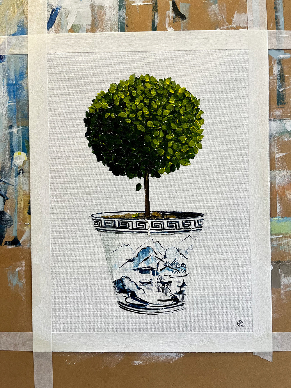 Standard English Box Topiary in China Pot Painted in Acrylic on Cotton Canvas on Easel roslynmary art.