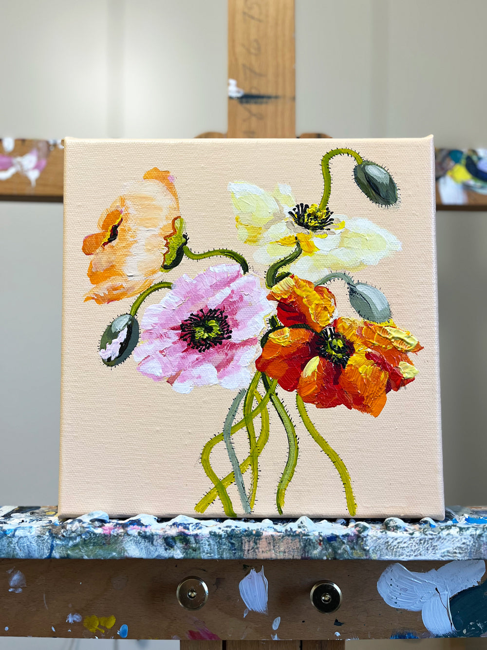 Poppies Painted in Acrylic on Stretched Canvas on Easel roslynmary art.