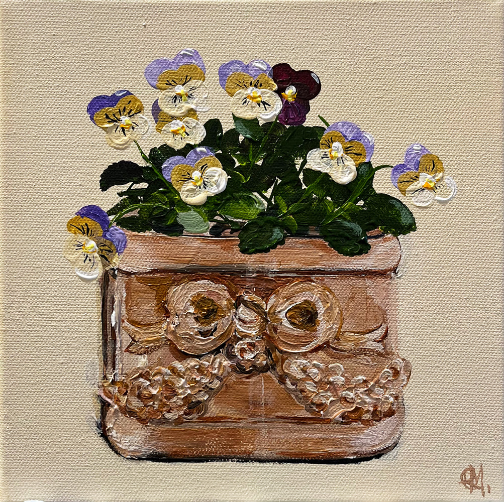Violets in Terracotta Pot Painted in Acrylic on Stretched Canvas roslynmary art.