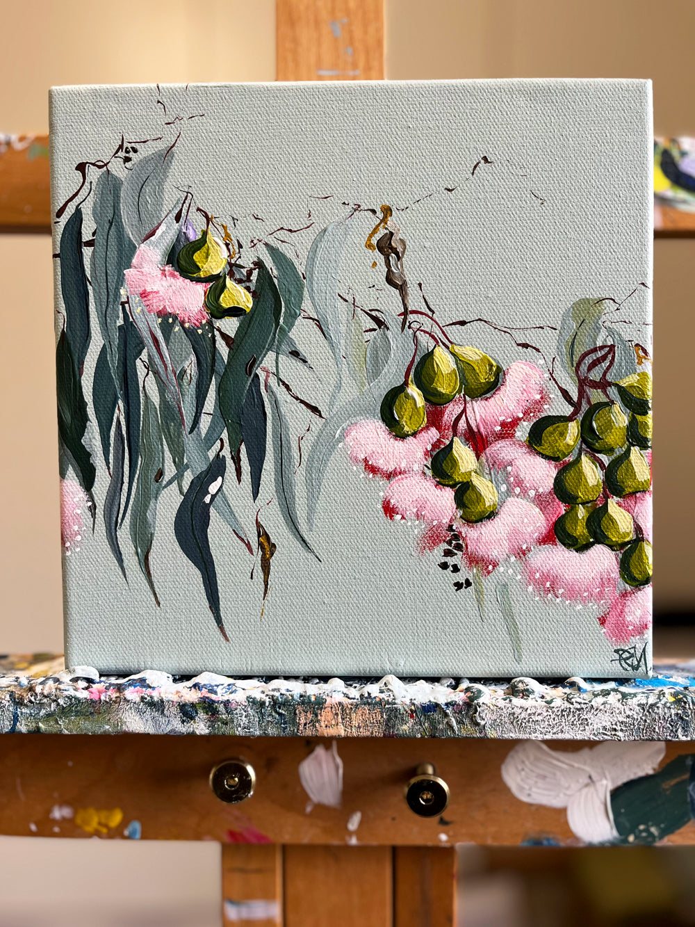 Eucalyptus Blossom Painted in Acrylic on Stretched Canvas on Easel roslynmary art.