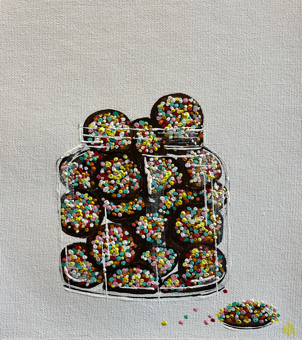 Chocolate Freckles in Glass Jar Painted in Acrylic on Cotton Canvas roslynmary art.