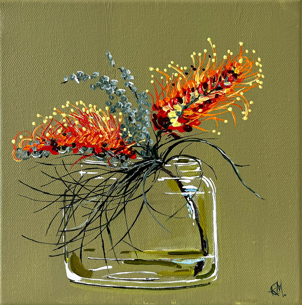 Grevillea in Glass Jar Painted in Acrylic on Stretched Canvas roslynmary art.