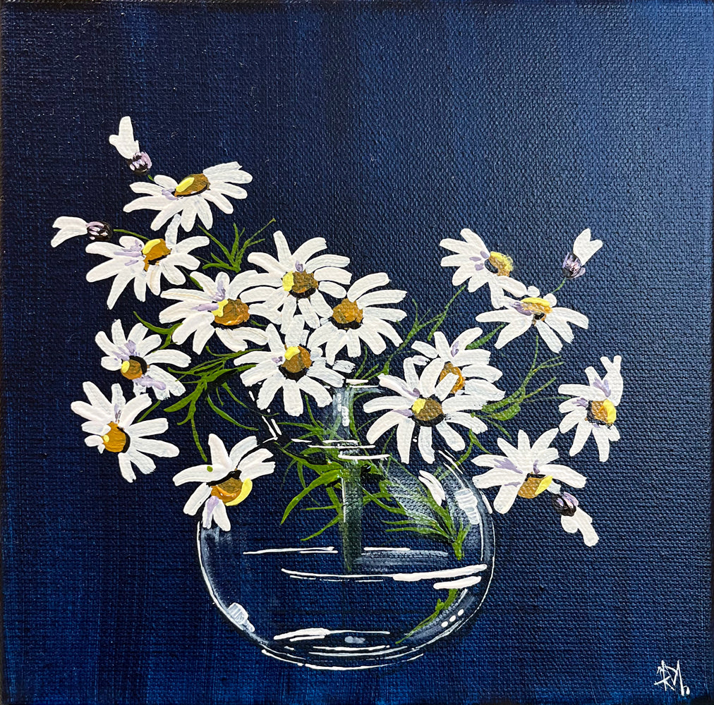 Daisies in Glass Vase Painted in Acrylic on Stretched Canvas roslynmary art.