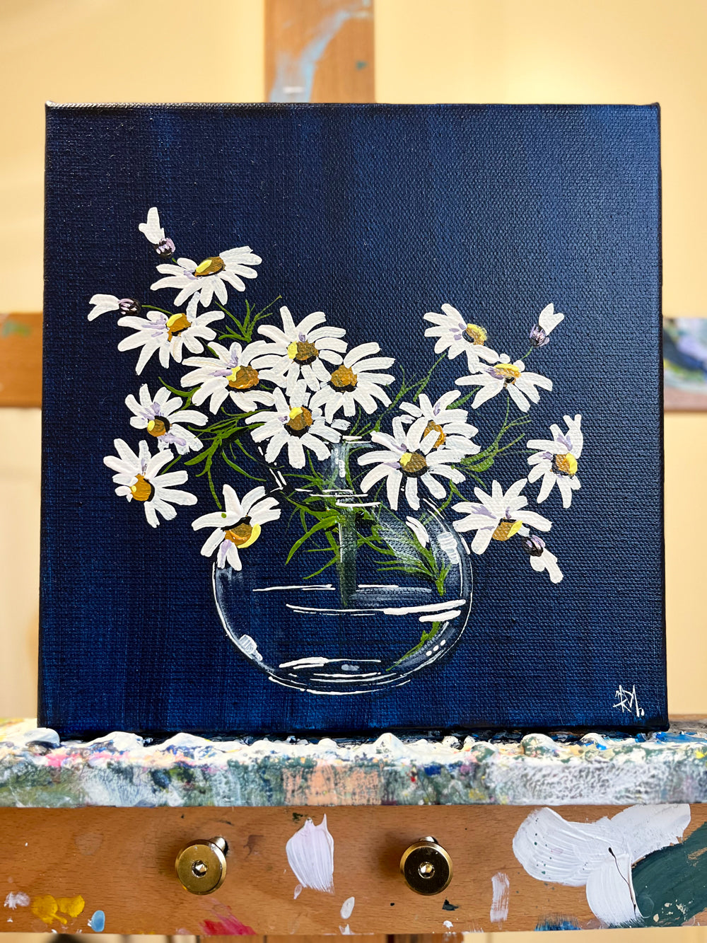 Daisies in Glass Vase Painted in Acrylic on Stretched Canvas on Easel roslynmary art.