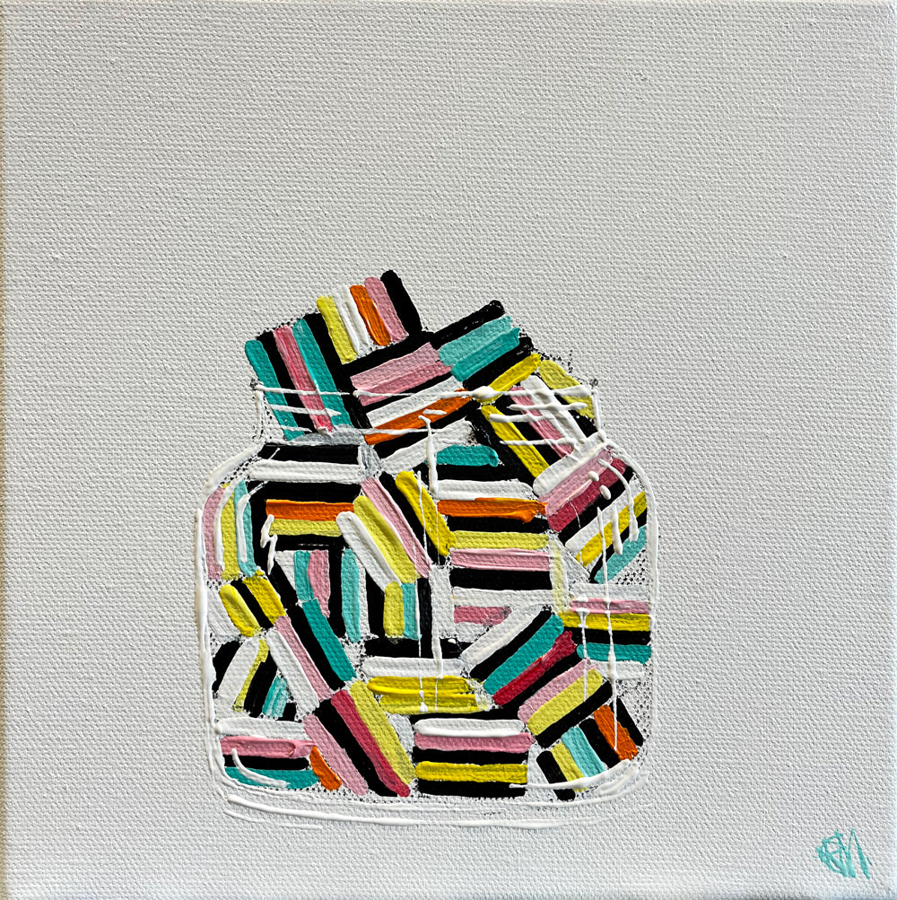 Liquorice Allsorts in Glass Jar Painted in Acrylic on Stretched Canvas roslynmary art.