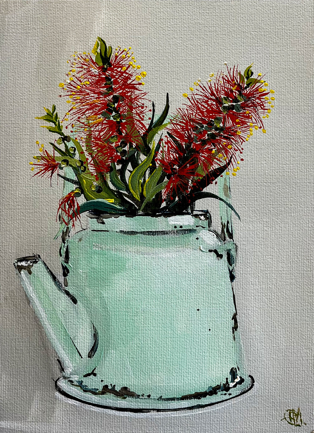 Bottle Brush in Tea Pot Painted in Acrylic on Cotton Canvas roslynmary art.