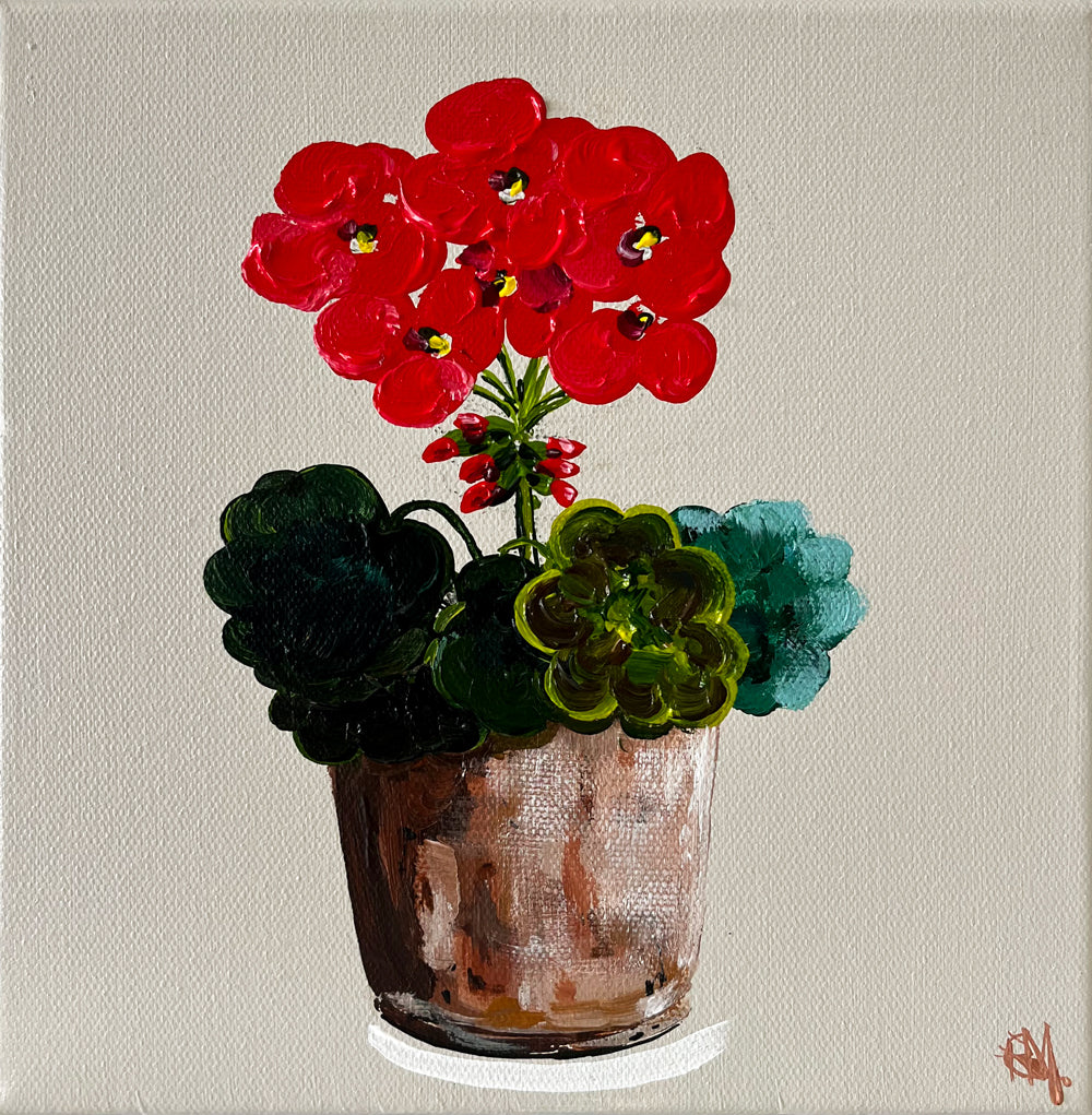 Red Geranium in Terracotta Pot Painted in Acrylic on Stretched Canvas roslynmary art.