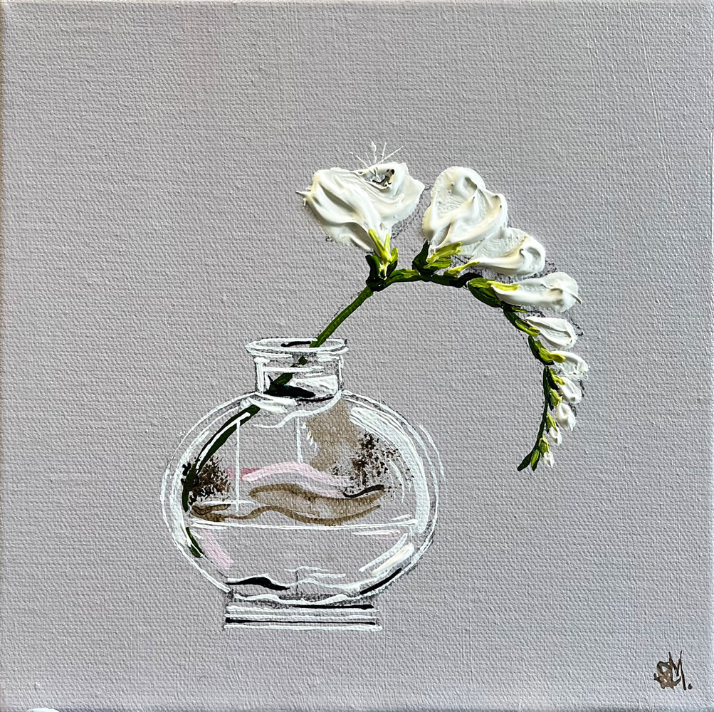 Single Freesia in Glass Bottle Painted in Acrylic on Stretched canvas roslynmary art.