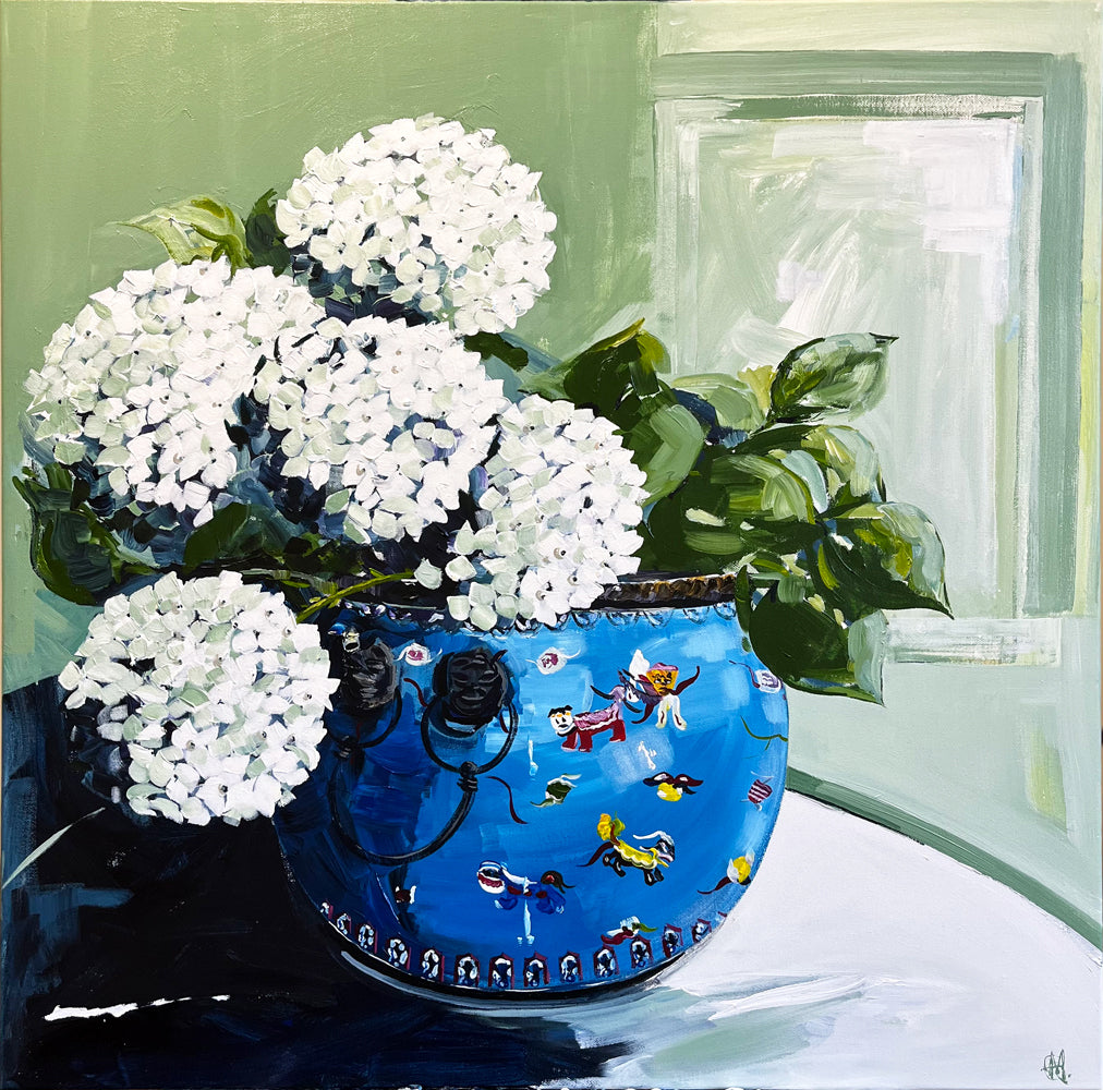 White Hydrangeas in China Vase Painted in Acrylic on Stretched Canvas roslynmary art.