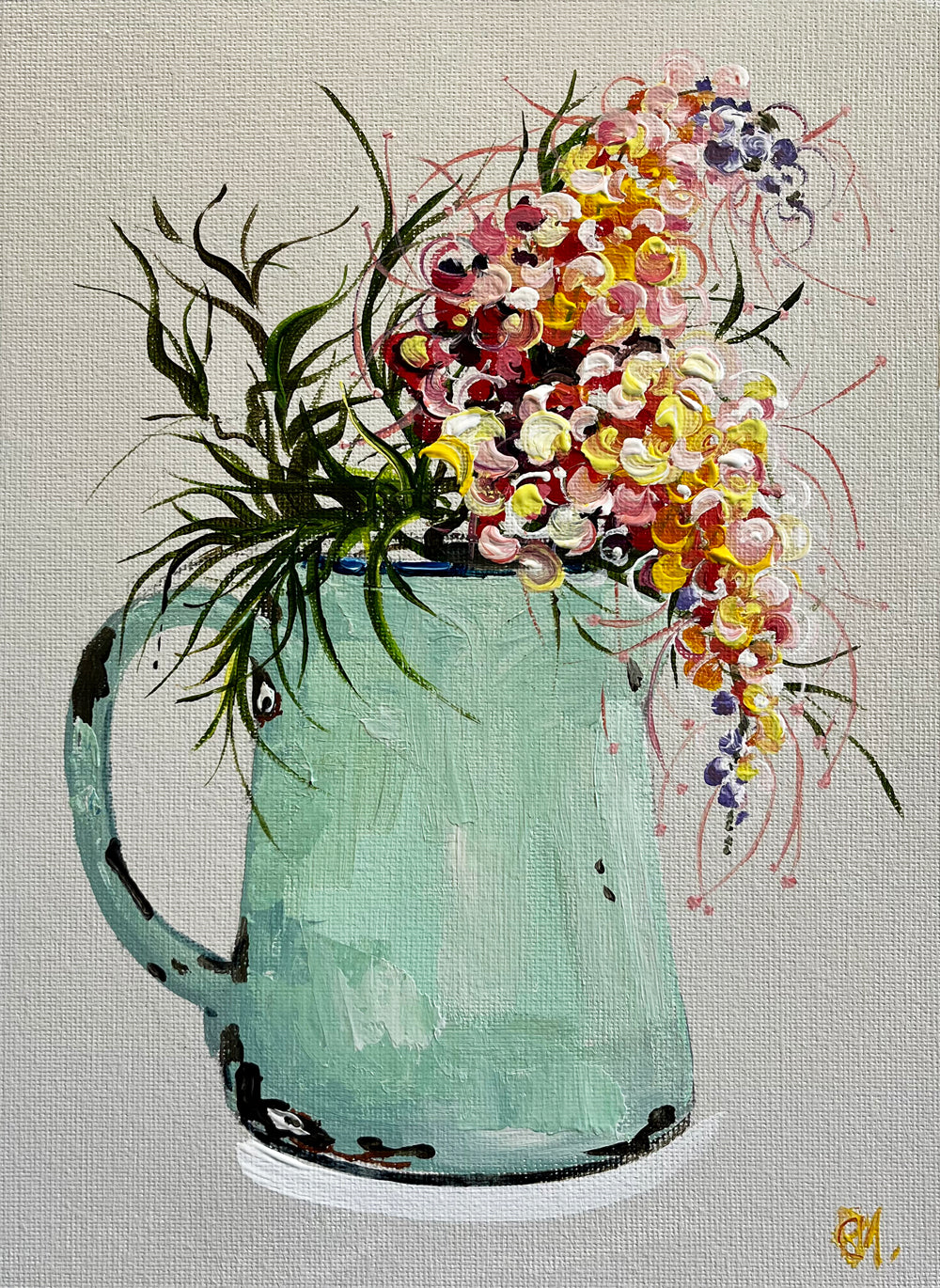 Grevillea in Green Jug Painted in Acrylic on Cotton Canvas roslynmary art.