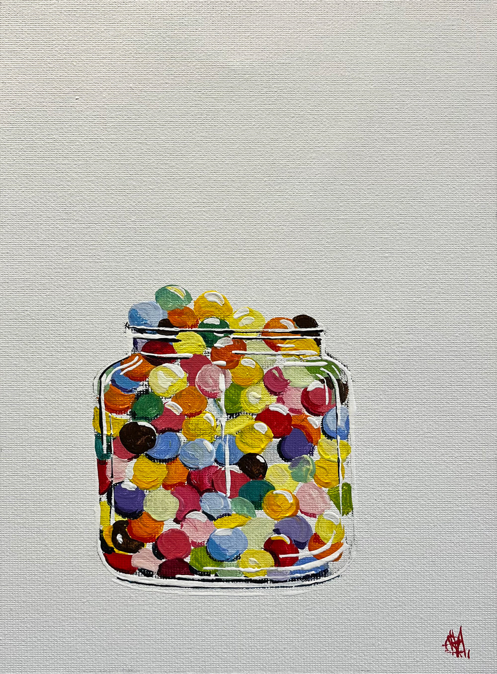 Smarties in Glass Jar Painted in Acrylic on Cotton Canvas roslynmary art.