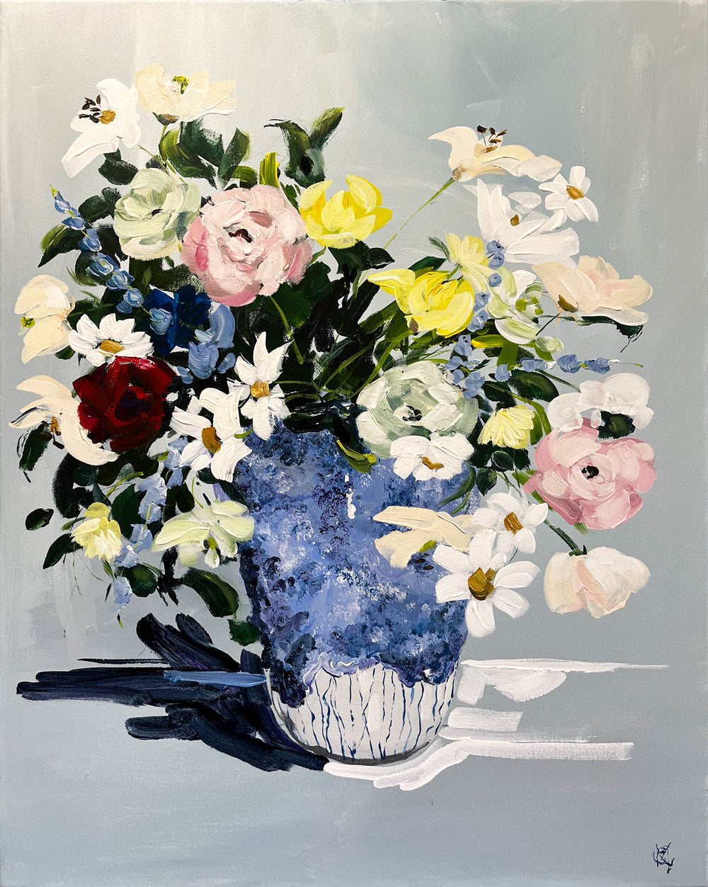 Mixed Flowers in Ceramic Vase Painted in Acrylic on Stretched Canvas roslynmary art.