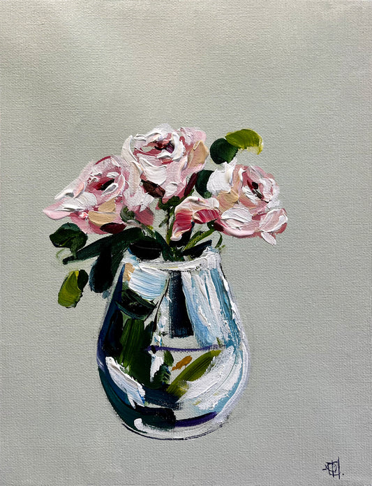Roses in Vase Painted in Acrylic on Cotton Canvas roslynmary art.