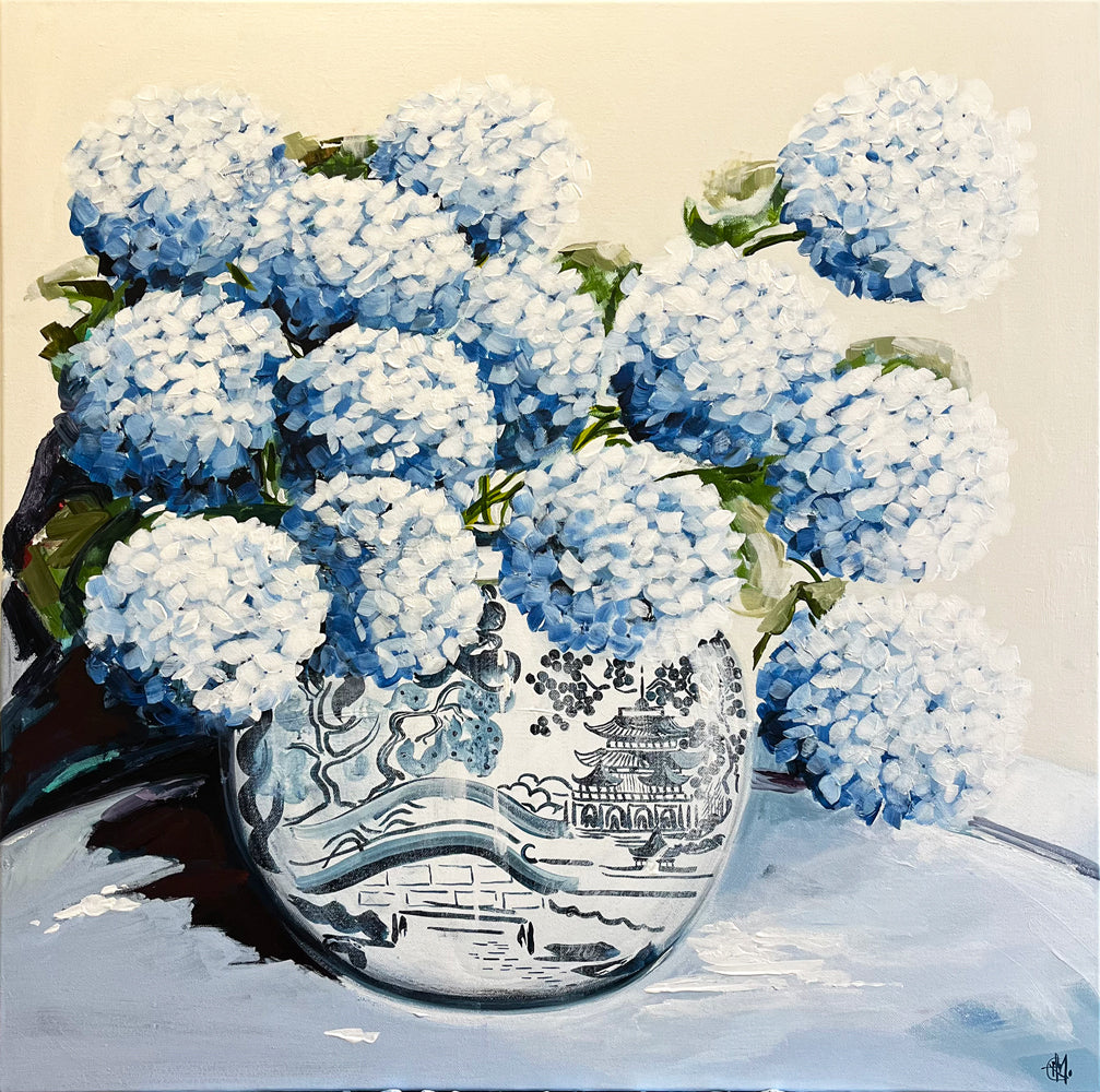 White Hydrangeas in China Vase Painted in Acrylic on Stretched Canvas roslynmary art.