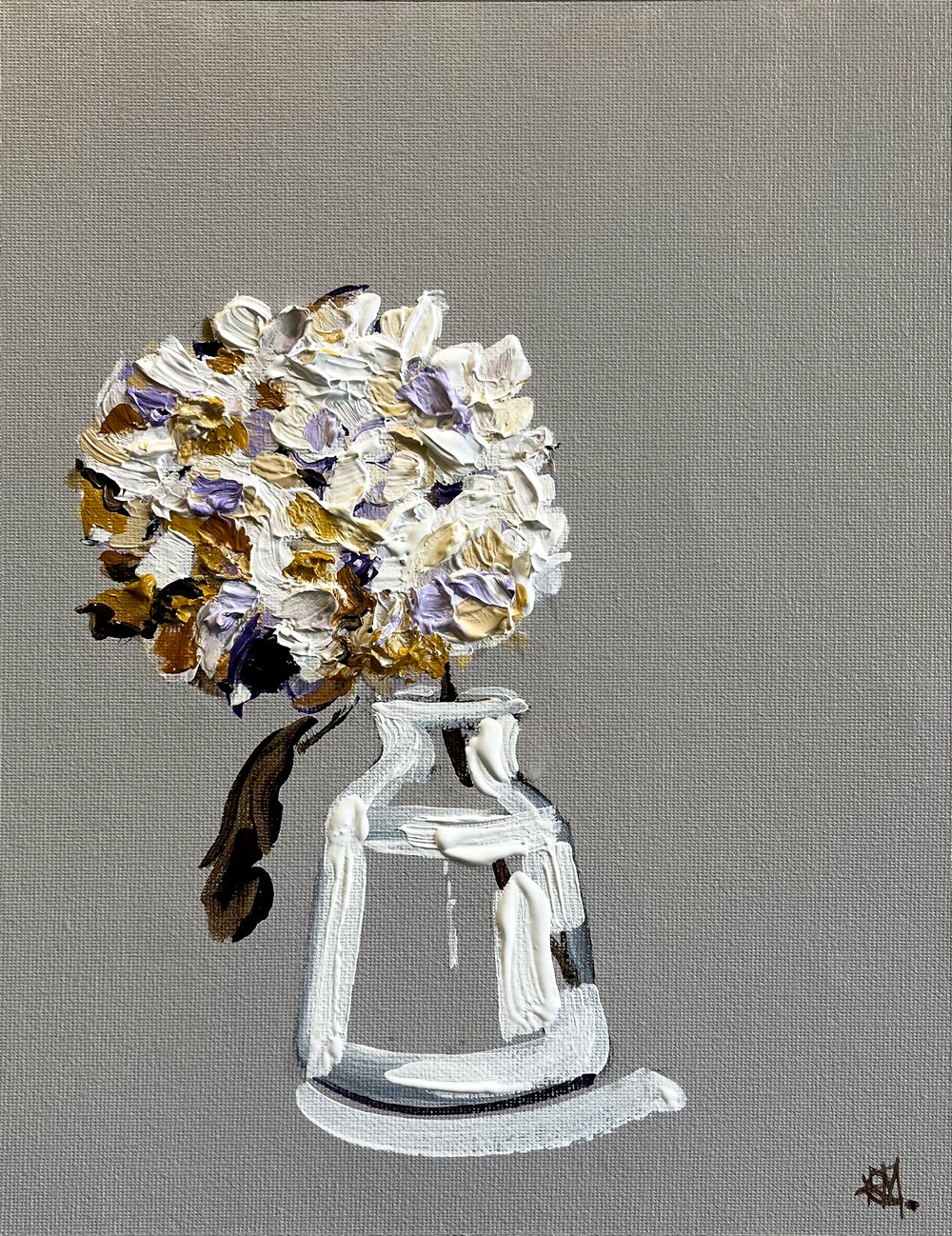 Hydrangea in Glass Vase Painted in Acrylic on Cotton Canvas roslynmary art.